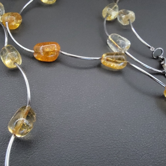 Natural Citrine Nugget Necklace 925 Sterling Silver Scalloped Wire Strand - Picture 4 of 8